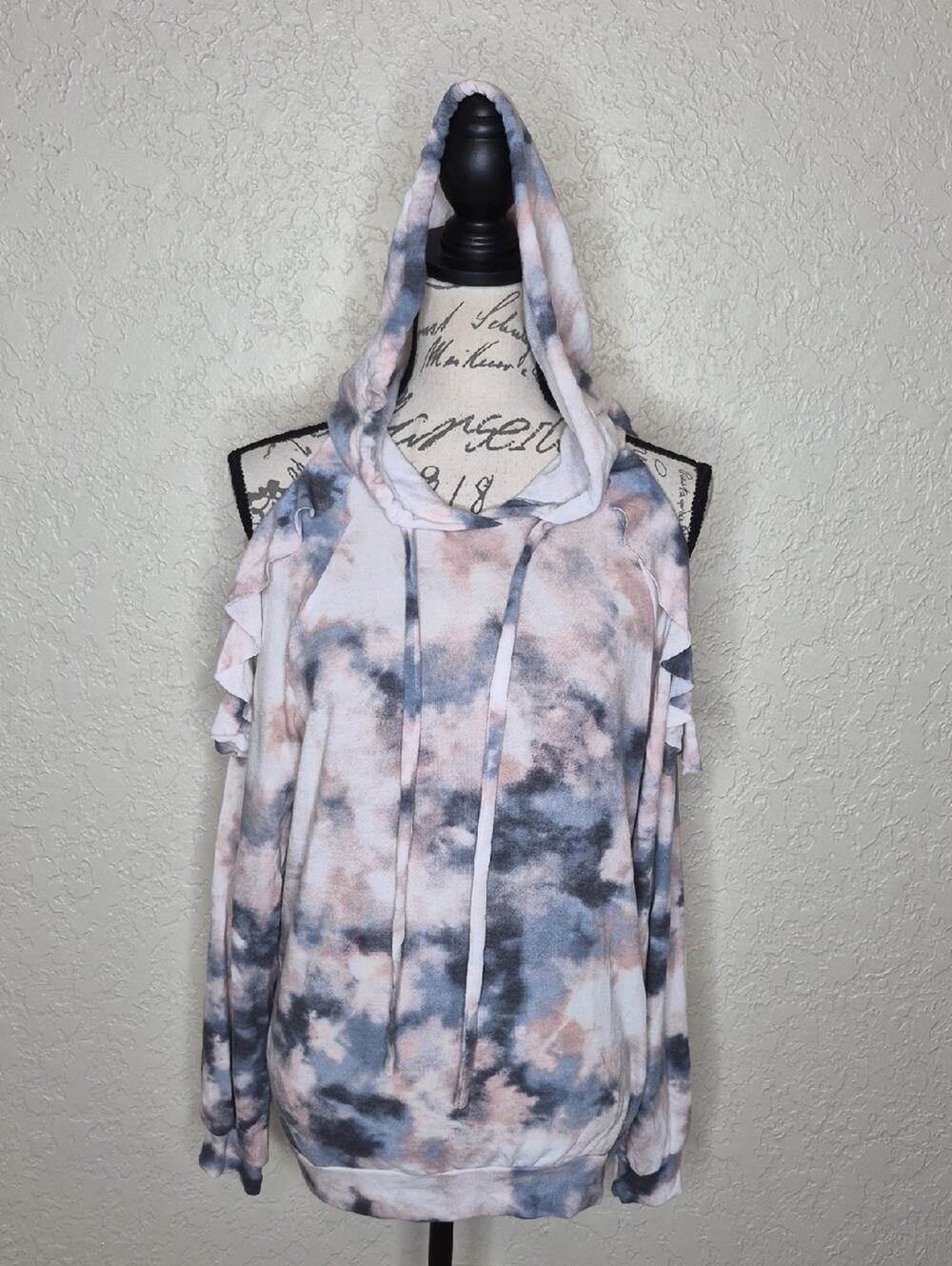 White Birch Tie Dye Cold Shoulder Hoodie With Ruffle Detail Size S